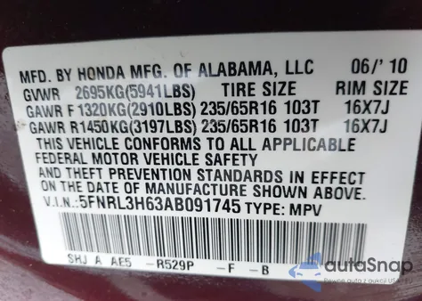 2010 Honda Odyssey Ex-L from USA, damaged, VIN 5FNRL3H63AB091745